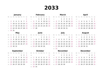 Kalender 2033 mit Wochenzählung, englisch, elegant, erster Wochentag ist Sonntag, Querformat