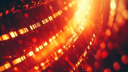 Glowing data streams move through abstract lines and warm particles, creating a dynamic visual representation of digital technology, information transfer, and energetic connections