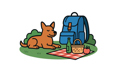 Flat vector illustration of bright dog resting beside backpack on picnic
