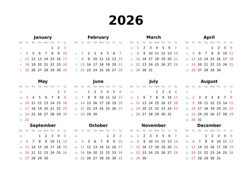Kalender 2026 mit Wochenz&auml;hlung, englisch, elegant, erster Wochentag ist Sonntag, Querformat