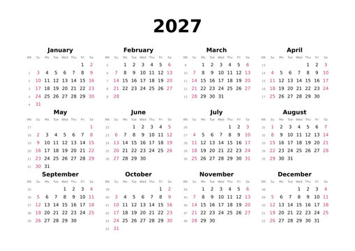 Kalender 2027 mit Wochenz&auml;hlung, englisch, elegant, erster Wochentag ist Sonntag, Querformat