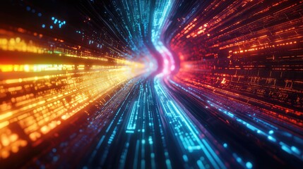 Digital data flowing rapidly through a futuristic tunnel, creating an abstract vibrant network representing technology, internet, and communication concepts