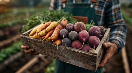 Farmer holds wooden crate filled with fresh vegetables in garden at harvest time