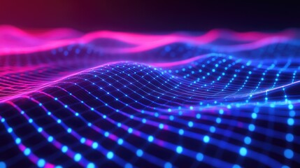 Digital network wave creates an abstract and futuristic landscape of interconnected glowing blue and magenta dots, representing global data flow and communication technology