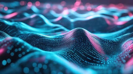 Abstract digital waves, glowing with vibrant blue and pink tones, represent concepts of data, technology, and interconnected networks, demonstrating a futuristic and intricate information structure