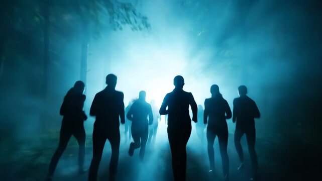 Undead silhouettes of people run in an eerie, foggy forest, bathed in a mysterious, glowing blue light, depicting a horror theme of apocalypse and danger