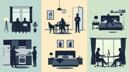Silhouettes of people in various indoor scenes representing daily life and work activities.