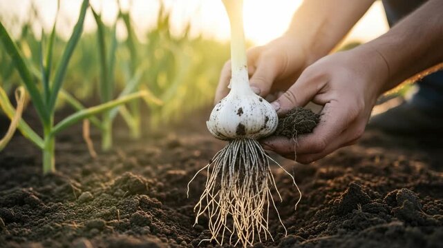 Male adult hands holding a freshly harvested garlic bulb with roots and soil. A farmer inspecting organic produce from the rich soil. Sustainable agriculture concept at sunset