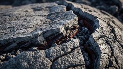 Close-up of a cracked rock formation revealing glowing red embers within, suggesting volcanic activity or intense heat
