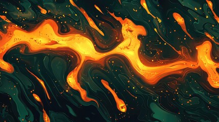 Abstract flowing liquid creating a dynamic pattern with hot lava like streams of orange and yellow blending into a dark green fluid, accented by scattered glowing particles