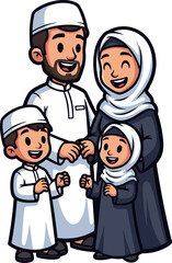 Cute Cartoon Cheerful Muslim Family Vector Illustration
