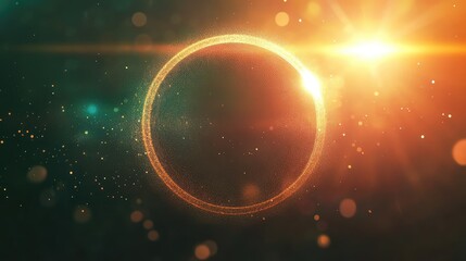 Abstract particle ring creating bright radiant lens flare and bokeh over a dark background, illustrating concepts of energy, technology, connection, and spiritual growth