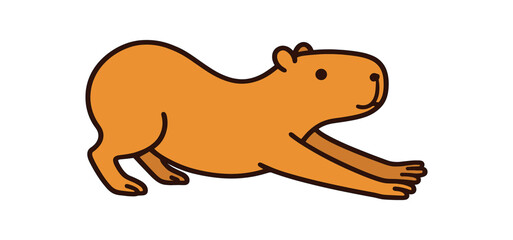 Obraz premium Flat vector illustration of bright capybara stretching long with front legs extended