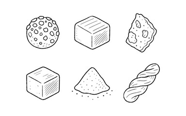 Hand-drawn collection of assorted baked goods and confectionery items