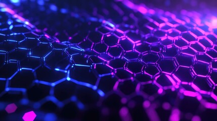 Abstract technology background showing a wavy surface comprised of interconnected hexagonal cells. Illuminating with radiant blue and magenta neon lights. Representing data flow and digital innovation