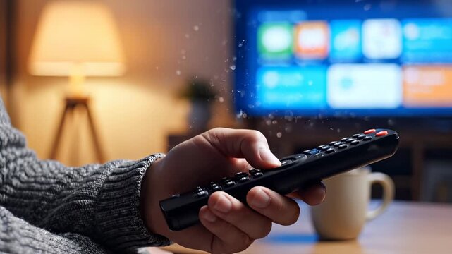 Person uses remote control watching TV at home with lamp nearby. Hand holds remote clicking buttons near television. Smart TV viewing with remote in living room. Person controls TV with remote.