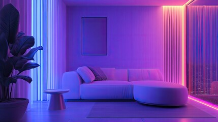 Contemporary living room interior creating a futuristic and moody atmosphere, illuminated by colorful neon led changing lights and a cityscape view visible through the window