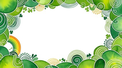 St. Patrick's Day frame with shamrocks, rainbow and swirls on white background for Irish holiday greeting cards and festive decorations.