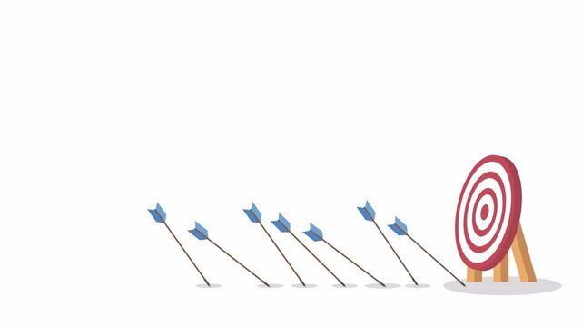 Red arrow hits the center. Business challenge failure and success concept.