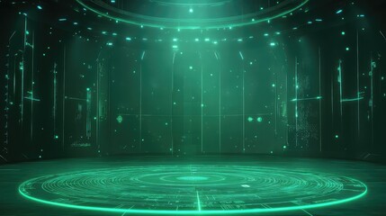 Futuristic circular platform with an advanced green holographic interface glowing in a dark digital space, symbolizing ai, virtual reality, data networks and immersive tech