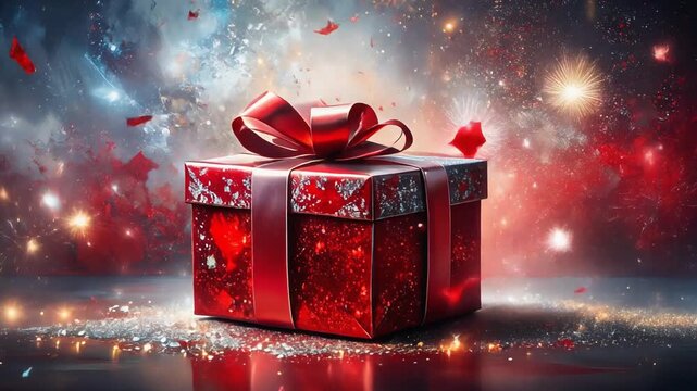 rotes Geschenk mit Schleife - Bewegung - Glitzer- und Lichteffekte - Feuerwerk - Video
