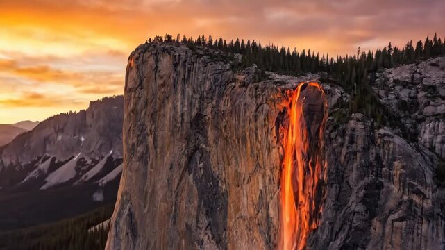 Horsetail fall creating the natural firefall phenomenon, appearing like flowing lava down the granite face of el capitan, with warm evening light bathing the sky over yosemite valley