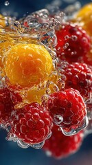 Raspberries and yellow berries mix in water with bubbles during a kitchen scene in bright light