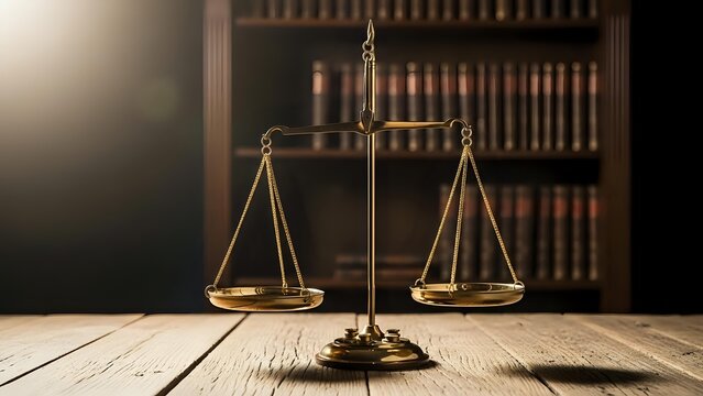 Golden scales of justice on wooden desk in law library with warm sunlight creating dramatic lighting for legal concepts and attorney services.