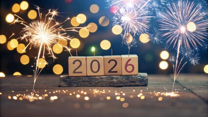 2026 New Year Celebration - Wooden Number Blocks And Fireworks At Eve Night With Abstract Defocused Lights
