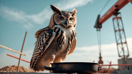 Fototapeta premium A striking owl perched on a construction site, showcasing its vibrant plumage against a backdrop of cranes and blue sky