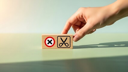 Person placing hand on wooden block with scissors and prohibition symbol on a table indoors