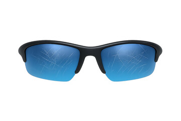 Scratched Sports Sunglasses with Blue Lenses Isolated on Transparent Background for Product Wear, Defect, Used Equipment Visuals, and Wear Illustration Concepts, Damaged Blue Lens Front View, PNG