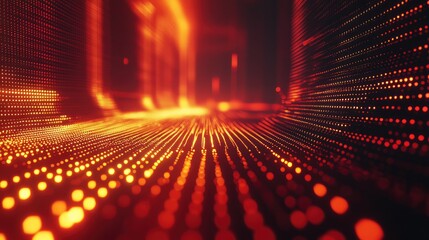 Abstract orange and red glowing dots forming a dynamic grid and tunnel, symbolizing data flow, digital connections, and advanced technology in a high speed telecommunication network
