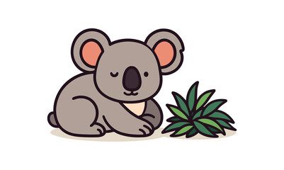 Fototapeta premium Flat vector illustration of bright koala resting near pile of eucalyptus leaves