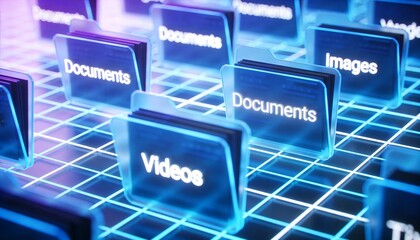 Glowing 3D folders labeled Documents, Videos, and Images on a blue/purple neon data grid background.