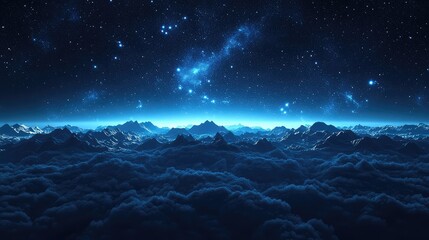 Fototapeta premium Cosmic night sky of vibrant stars and nebulae arcing over rugged mountain peaks shrouded in an ethereal sea of dark, rolling clouds, evoking mystery and exploration