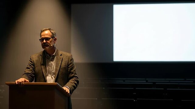 Confident speaker engaging audience in dimly lit seminar with enthusiastic gestures