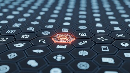 A small glowing red crown icon standing out among a vast array of other white icons on a dark hexagonal grid background