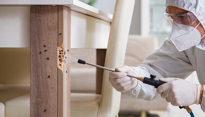 Professional exterminator in protective gear spraying chemical treatment on a wood pest infestation.