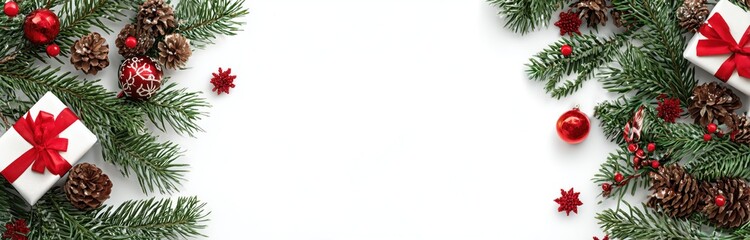 Christmas Composition with Pine Branches, Cones, Decorations, and Gifts on White Background