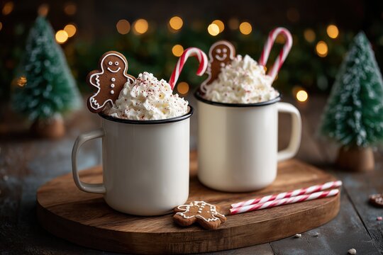 Festive Hot Cocoa in White Mugs with Whipped Cream, Gingerbread Cookies, and Candy Canes