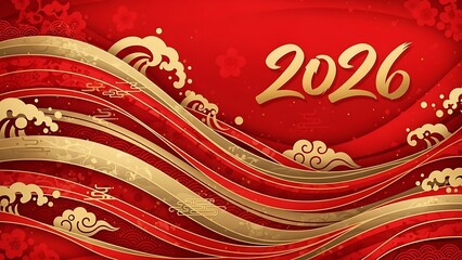 Vibrant red and gold abstract wave design with 2026 text for chinese new year celebration backgrounds and festive greeting cards