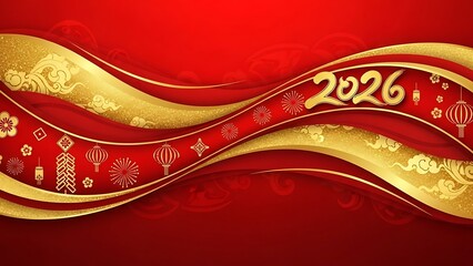 Vibrant red and gold 2026 chinese new year celebration background with lanterns, fireworks, and cultural symbols
