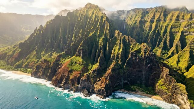 Nā pali coast showing dramatic green cliffs, a pristine beach, and turquoise ocean water with a small boat, capturing the rugged, untouched beauty of kauai