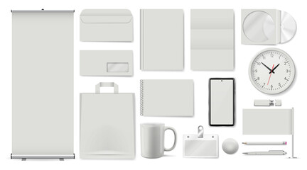 Realistic set of blank white corporate stationery and promotional items. Isolated vector mockup for branding identity design
