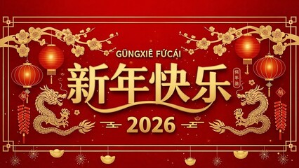 Chinese new year 2026 celebration with golden dragons, lanterns, and cherry blossoms on red background with gong xi fa cai text
