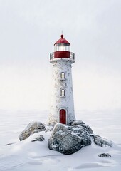A lighthouse stands tall and resilient against the snowy landscape. It's a beacon of hope and guidance. The structure is painted in a classic color scheme of red and white