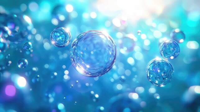 Water bubbles or spheres, sparkling with light, slowly floating in a refreshing blue liquid, creating a clean abstract background and capturing concepts of purity, science, and hydration