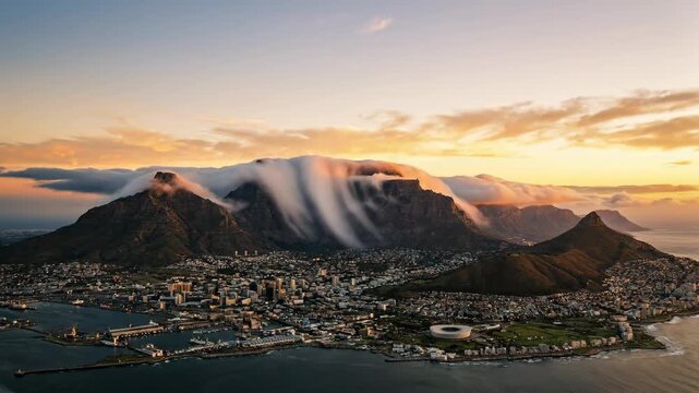 Cape town skyline from harbor to atlantic coast at sunrise, golden light on table mountain with its iconic cloud cap, overlooking city, bay and waterfront panorama