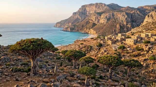 Socotra island showcasing endemic dragon blood trees and bottle trees growing on a rocky hillside overlooking a turquoise bay with a traditional village nestled beneath rugged mountains
